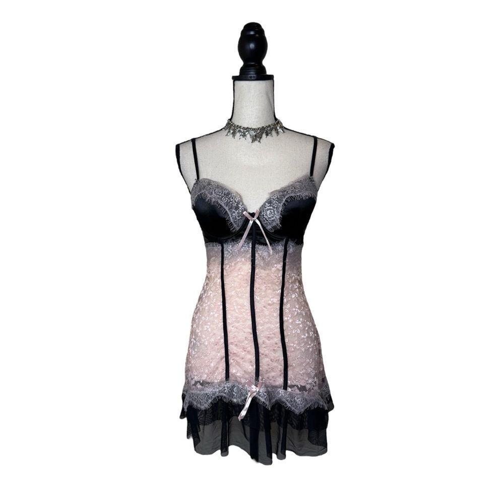 Y2K Native Intimates Pink + Black Cupped Babydoll Lace Bow Slip Dress Size 36C
